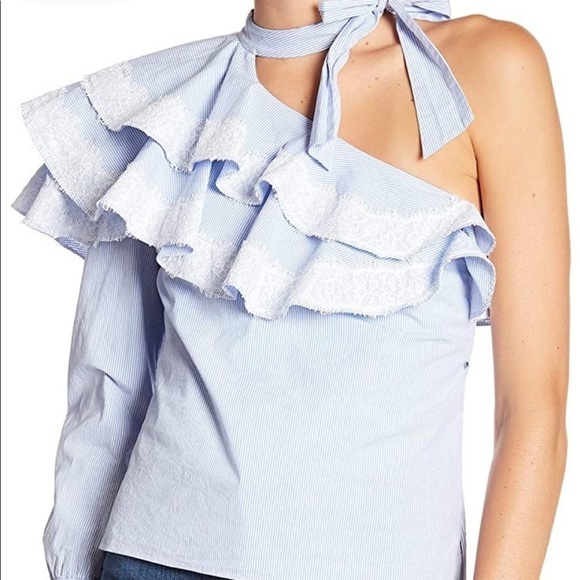 NEW Veronica Beard Isla Ruffle One Shoulder Stripe Blouse - Picture 1 of 16